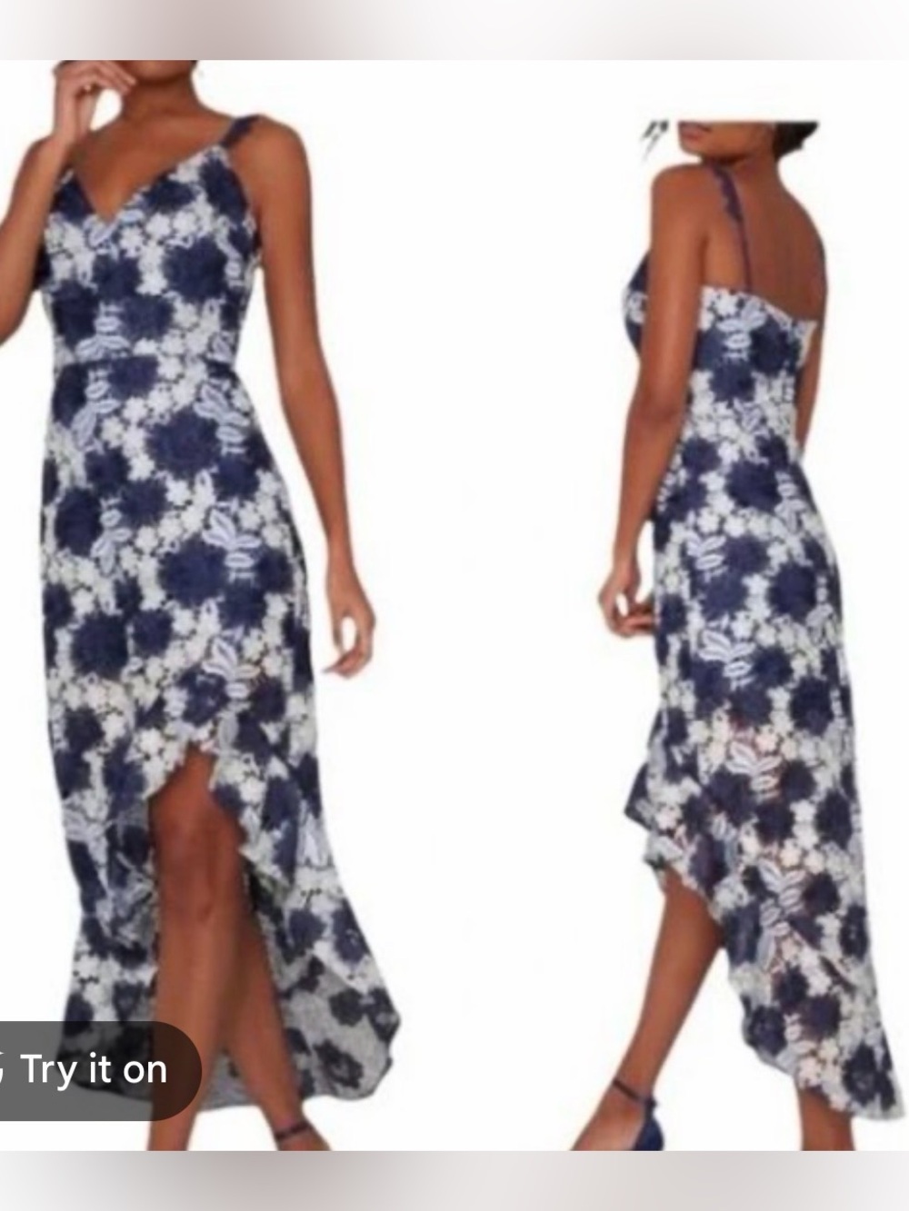 Chi Chi London Navy and Ivory Floral Lace high-low dress